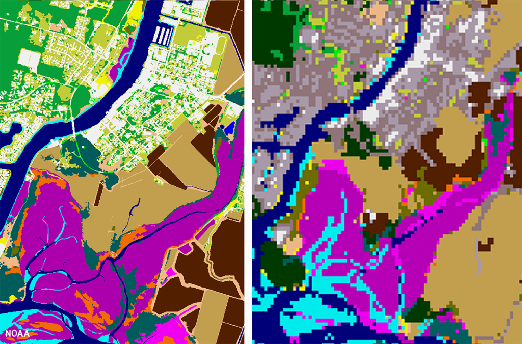 split pane with 1-meter land cover data on left showing details of roads, buildings, creeks, and wetlands. 30-meter land cover data on right showing blocky colors that don't provide details.