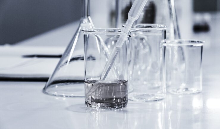 Beakers on a lab counter